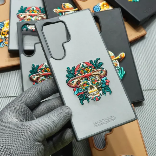 Santa Barbara Premium Embroidered Skull Leather Case - Shockproof & Stylish Cover for iPhone & Samsung Model