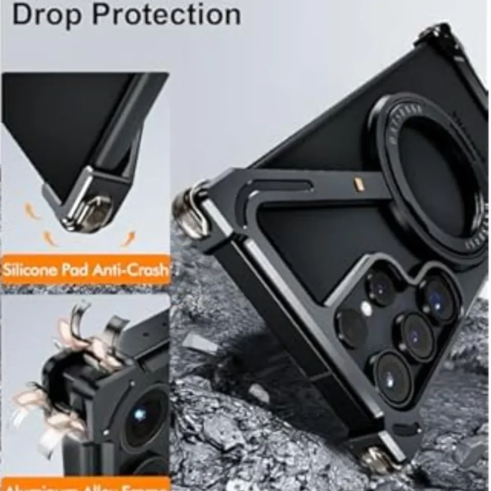 Samsung Galaxy S25 Ultra Z Shape Metal Bumper Case – Shockproof, Bezel-less, Adjustable Ring Stand, Minimalist Design