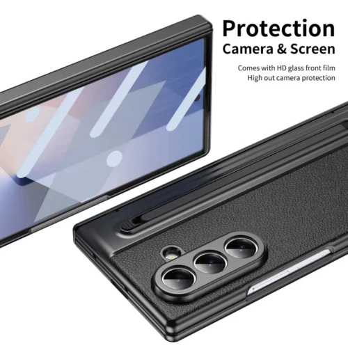 Samsung Galaxy Z Fold 7 Leather Case with Built-in Stylus Holder & Front Glass Protection
