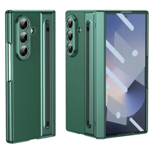 Samsung Galaxy Z Fold 7 Leather Case with Built-in Stylus Holder & Front Glass Protection