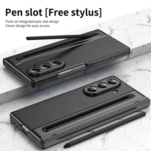 Samsung Galaxy Z Fold 7 Leather Case with Built-in Stylus Holder & Front Glass Protection