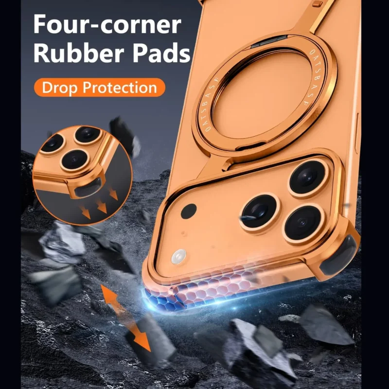 OATSBASF iPhone 17 Pro Z Shape Aluminium Metal Frameless Case | Rotating Metal MagSafe Stand OATSBASF iPhone 17 Pro Z Shape Aluminium Metal Frameless Case | Rotating Metal MagSafe Stand