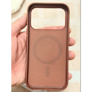 iPhone 17 Pro TechWoven Case with MagSafe in brown with premium woven texture and raised camera protection.