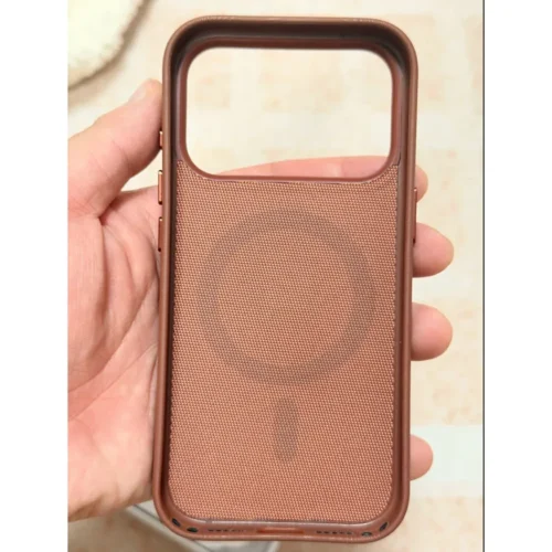 iPhone 17 Pro TechWoven Case with MagSafe in brown with premium woven texture and raised camera protection.