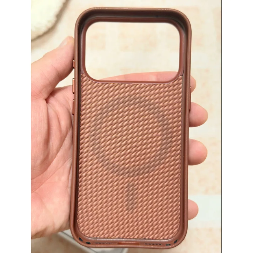 iPhone 17 Pro TechWoven Case with MagSafe in brown with premium woven texture and raised camera protection.