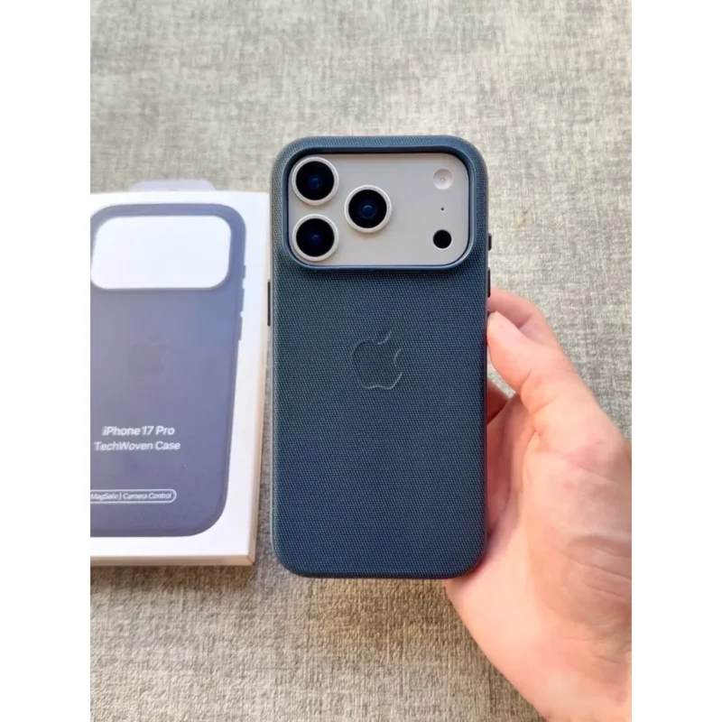 iPhone 17 Pro TechWoven Case with MagSafe in brown with premium woven texture and raised camera protection.