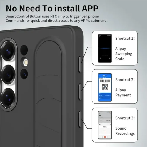 Samsung Galaxy S25 Ultra Standing Grip Case with Smart Shortcut Key Control, Wristband Kickstand, Shockproof PC+Silicone Cover, NFC Quick Access Buttons, Alloy Lens Protection – Anti-Slip Slim Design