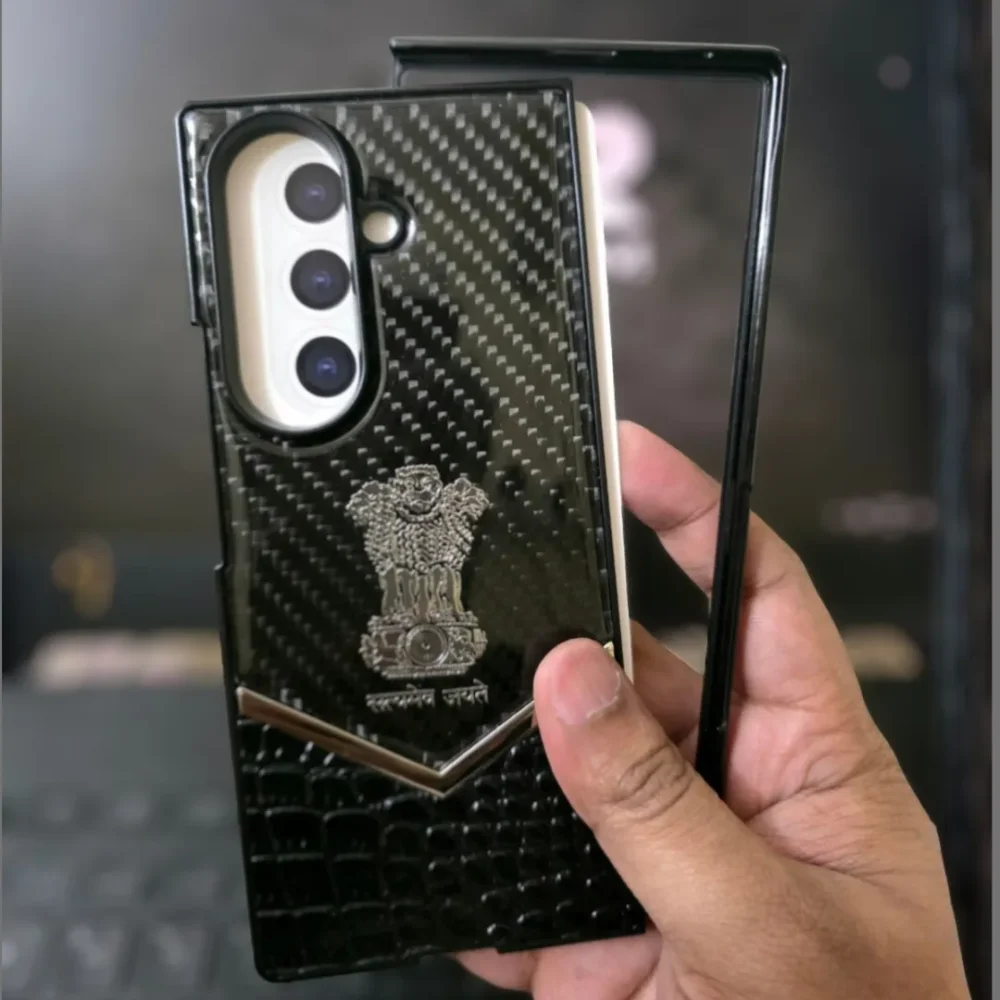 Samsung Galaxy Fold 7 Case | Satyameva Jayate Carbon Fiber Design | Silver | Premium Protection