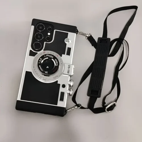 Samsung Galaxy S24 Ultra Emily in Paris Vintage Retro Camera Case with Detachable Lanyard – Black Silver