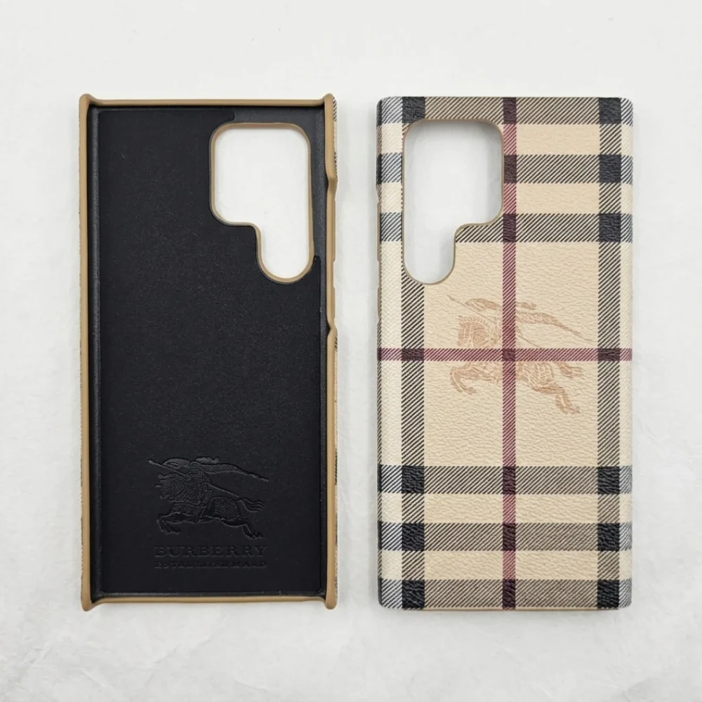 Samsung Galaxy S24 Ultra Case Luxury Designer Checkered Pattern Slim Fit Protective Hard Shell PU Leather Beige/Tan