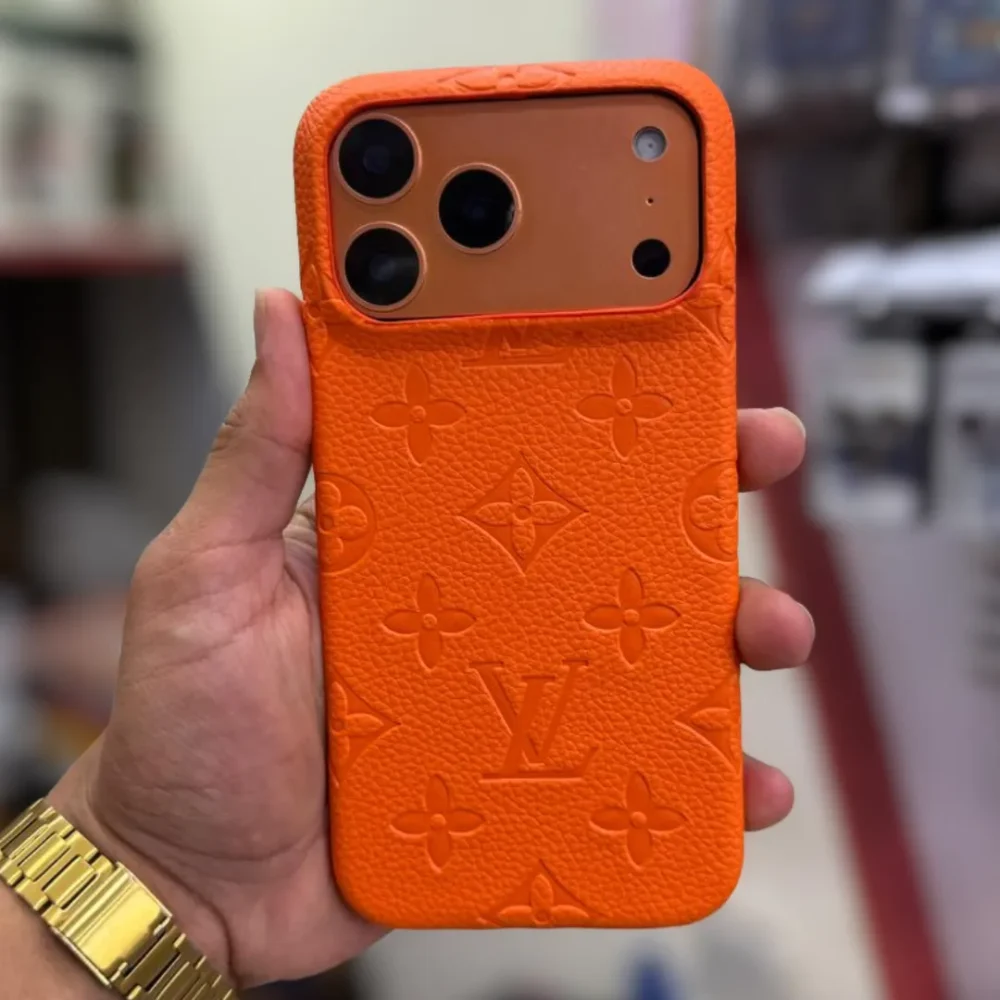 Luxury Branded iPhone 17 Pro Series Orange Case | Embossed Slim Shockproof Vegan Leather Cover