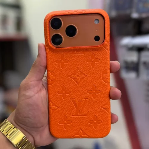 Luxury Branded iPhone 17 Pro Series Orange Case | Embossed Slim Shockproof Vegan Leather Cover