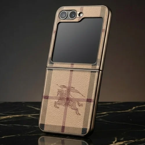 Samsung Galaxy Z Flip 6 / Flip 5 Case | Luxury Classic Plaid Pattern | Slim Fit Folding Design | Textured Vegan Leather | Beige Samsung Galaxy Z Flip 6 / Flip 5 Case | Luxury Classic Plaid Pattern | Slim Fit Folding Design | Textured Vegan Leather | Beige