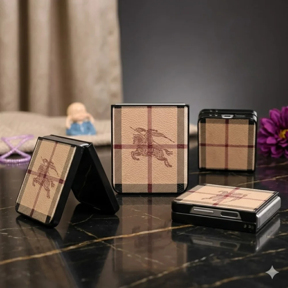 Samsung Galaxy Z Flip 6 / Flip 5 Case | Luxury Classic Plaid Pattern | Slim Fit Folding Design | Textured Vegan Leather | Beige Samsung Galaxy Z Flip 6 / Flip 5 Case | Luxury Classic Plaid Pattern | Slim Fit Folding Design | Textured Vegan Leather | Beige