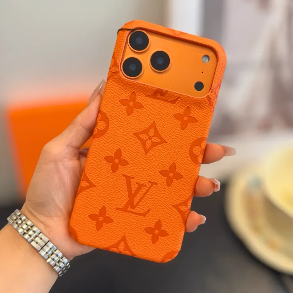 Luxury Branded iPhone 17 Pro Series Orange Case | Embossed Slim Shockproof Vegan Leather Cover
