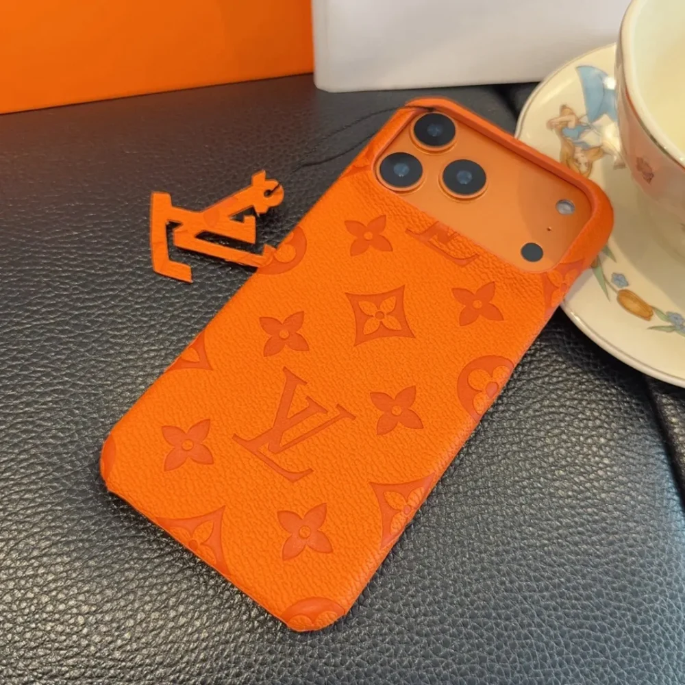 Luxury Branded iPhone 17 Pro Series Orange Case | Embossed Slim Shockproof Vegan Leather Cover