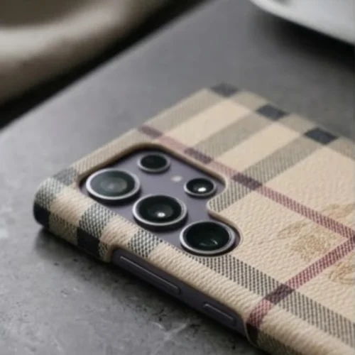 Samsung Galaxy S24 Ultra Case Luxury Designer Checkered Pattern Slim Fit Protective Hard Shell PU Leather Beige/Tan