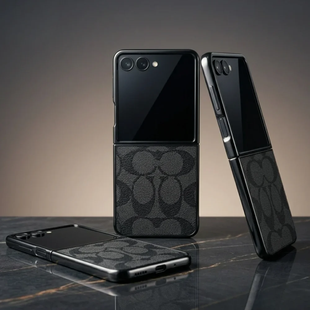 Samsung Galaxy Z Flip 7 Case | Luxury Designer Pattern | Slim Protective Shell | Premium Vegan Leather | Signature Charcoal Black