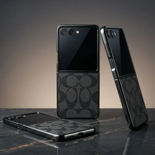 Samsung Galaxy Z Flip 7 Case | Luxury Designer Pattern | Slim Protective Shell | Premium Vegan Leather | Signature Charcoal Black