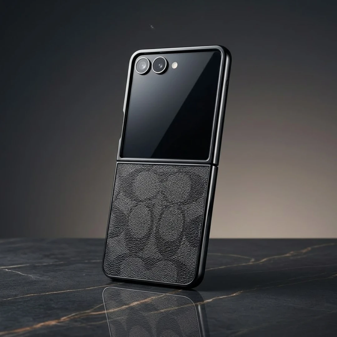 Samsung Galaxy Z Flip 7 Case | Luxury Designer Pattern | Slim Protective Shell | Premium Vegan Leather | Signature Charcoal Black