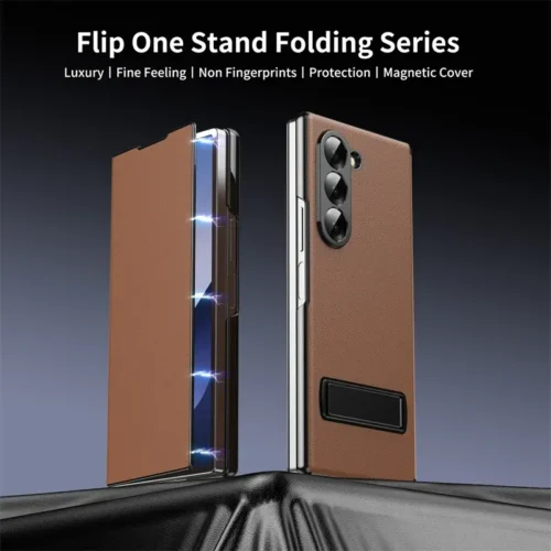 Samsung Galaxy Z Fold 6 Magnetic Leather Flip Case | Multiple Angle Bracket Stand & Hinge Protection Cover