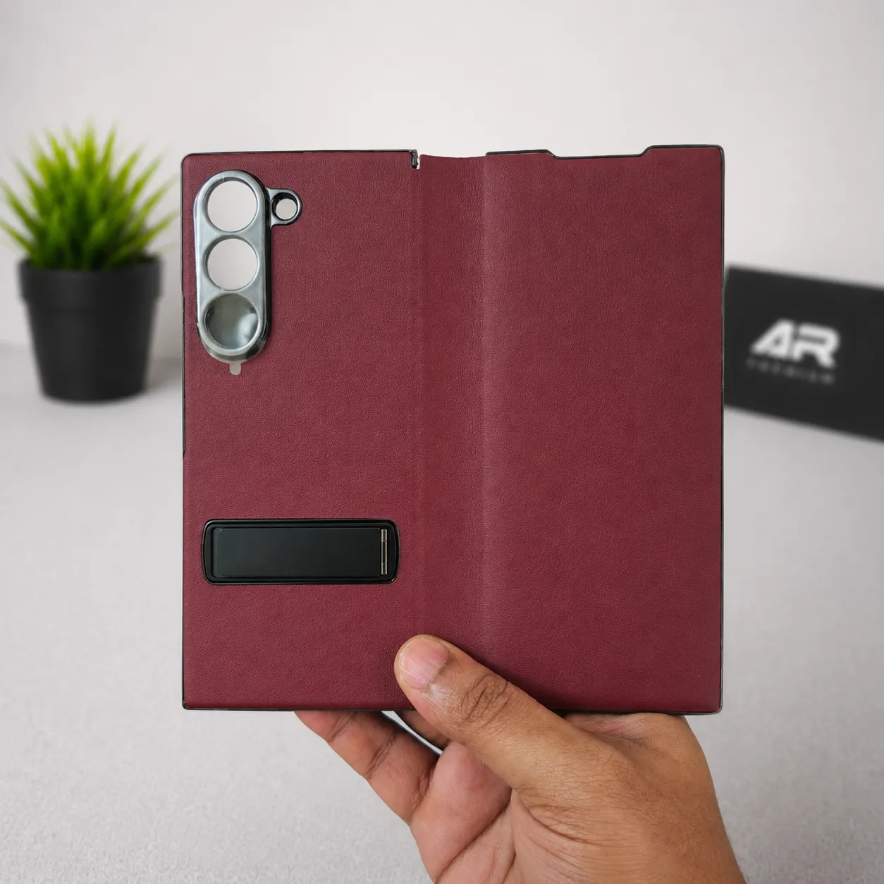 Play the product video for Samsung Galaxy Z Fold 6 Red Wine Leather Flip Back Case Cover with Built-in Kickstand