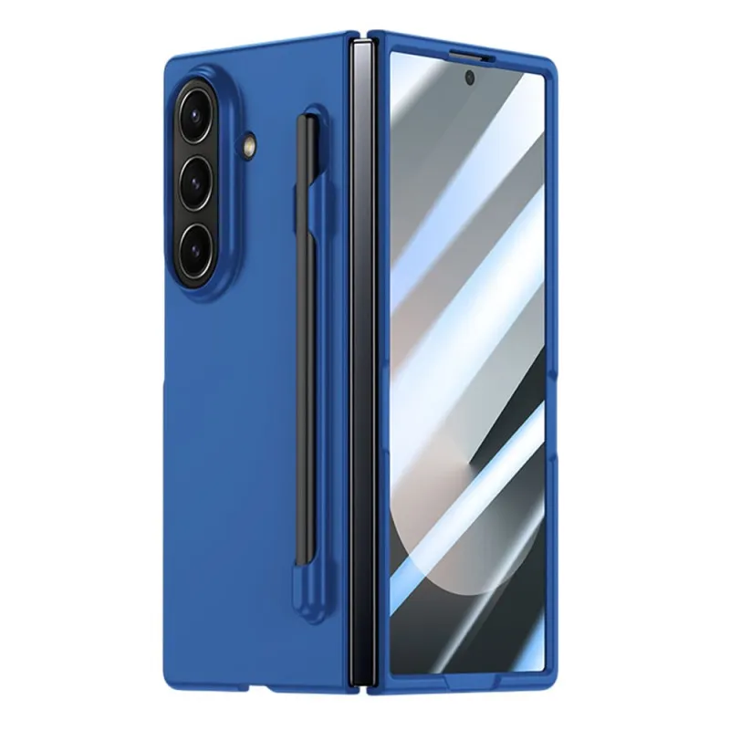 Samsung Galaxy Z Fold 7 Tempered Glass Case with Stylus Pen Holder, Slim Fit Hinge Cover & Camera Protector, Durable Hard Plastic, Blue