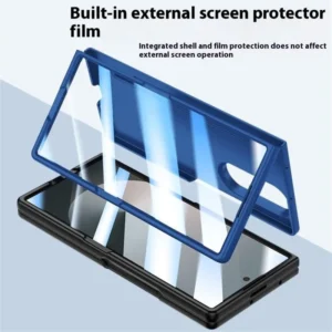 Samsung Galaxy Z Fold 7 Tempered Glass Case with Stylus Pen Holder, Slim Fit Hinge Cover & Camera Protector, Durable Hard Plastic, Blue