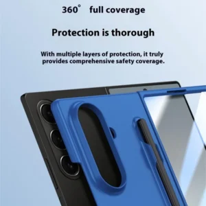 Samsung Galaxy Z Fold 7 Tempered Glass Case with Stylus Pen Holder, Slim Fit Hinge Cover & Camera Protector, Durable Hard Plastic, Blue