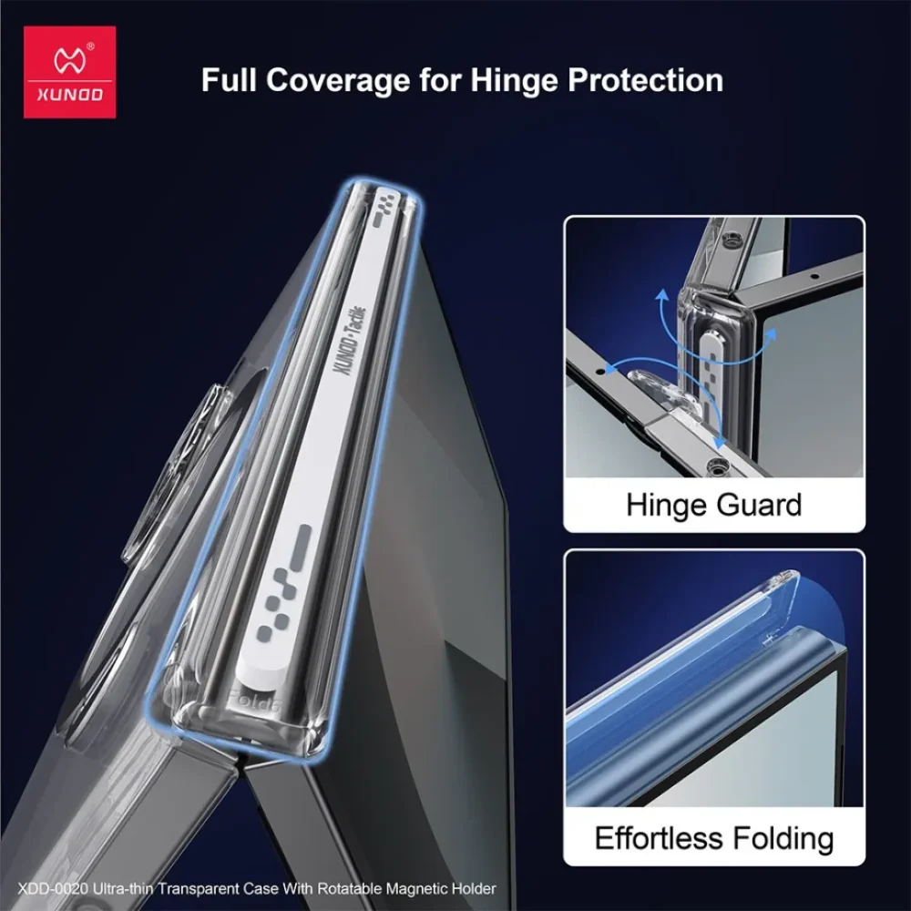 Samsung Galaxy Z Fold7 Ultra Thin Transparent Case with Magnetic Holder | Rotatable Ring Stand Shockproof Clear Cover | Xundd