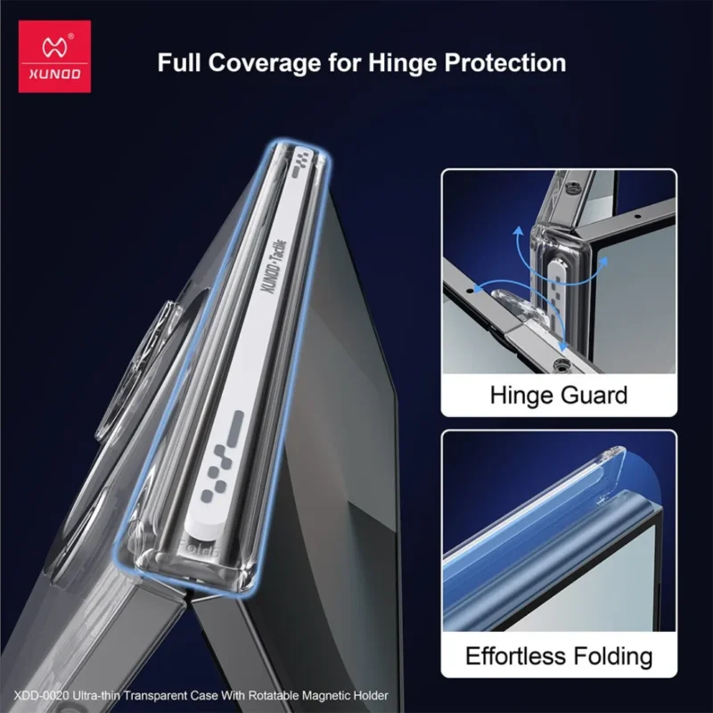 Samsung Galaxy Z Fold7 Ultra Thin Transparent Case with Magnetic Holder | Rotatable Ring Stand Shockproof Clear Cover | Xundd