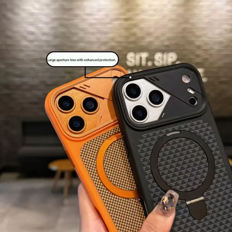 iPhone 17 Pro Carbon Fiber Texture Magsafe Case with Metal Stand & Camera Protection