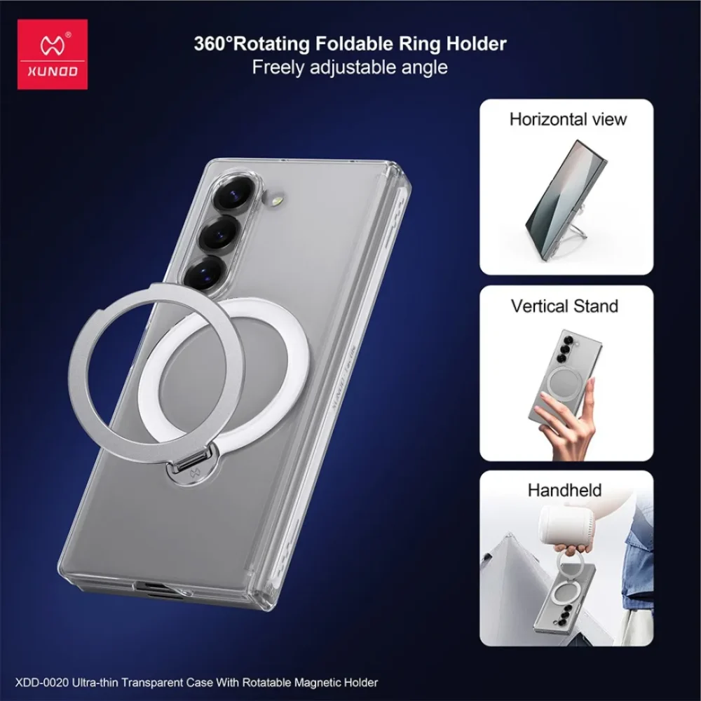 Samsung Galaxy Z Fold7 Ultra Thin Transparent Case with Magnetic Holder | Rotatable Ring Stand Shockproof Clear Cover | Xundd