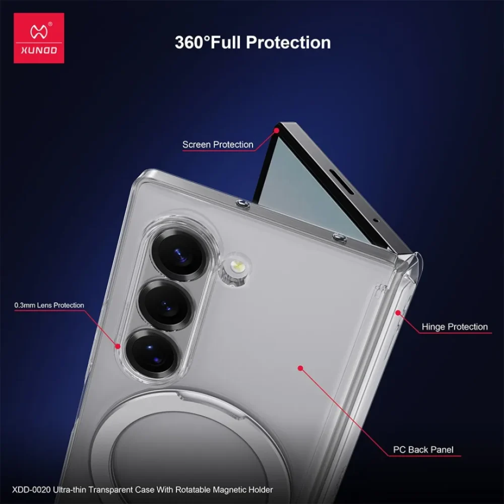 Samsung Galaxy Z Fold7 Ultra Thin Transparent Case with Magnetic Holder | Rotatable Ring Stand Shockproof Clear Cover | Xundd