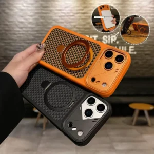 iPhone 17 Pro Carbon Fiber Texture Magsafe Case with Metal Stand & Camera Protection