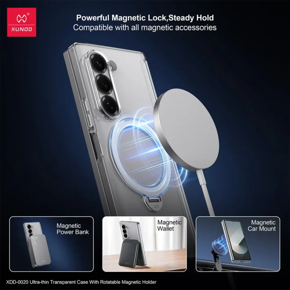 Samsung Galaxy Z Fold7 Ultra Thin Transparent Case with Magnetic Holder | Rotatable Ring Stand Shockproof Clear Cover | Xundd