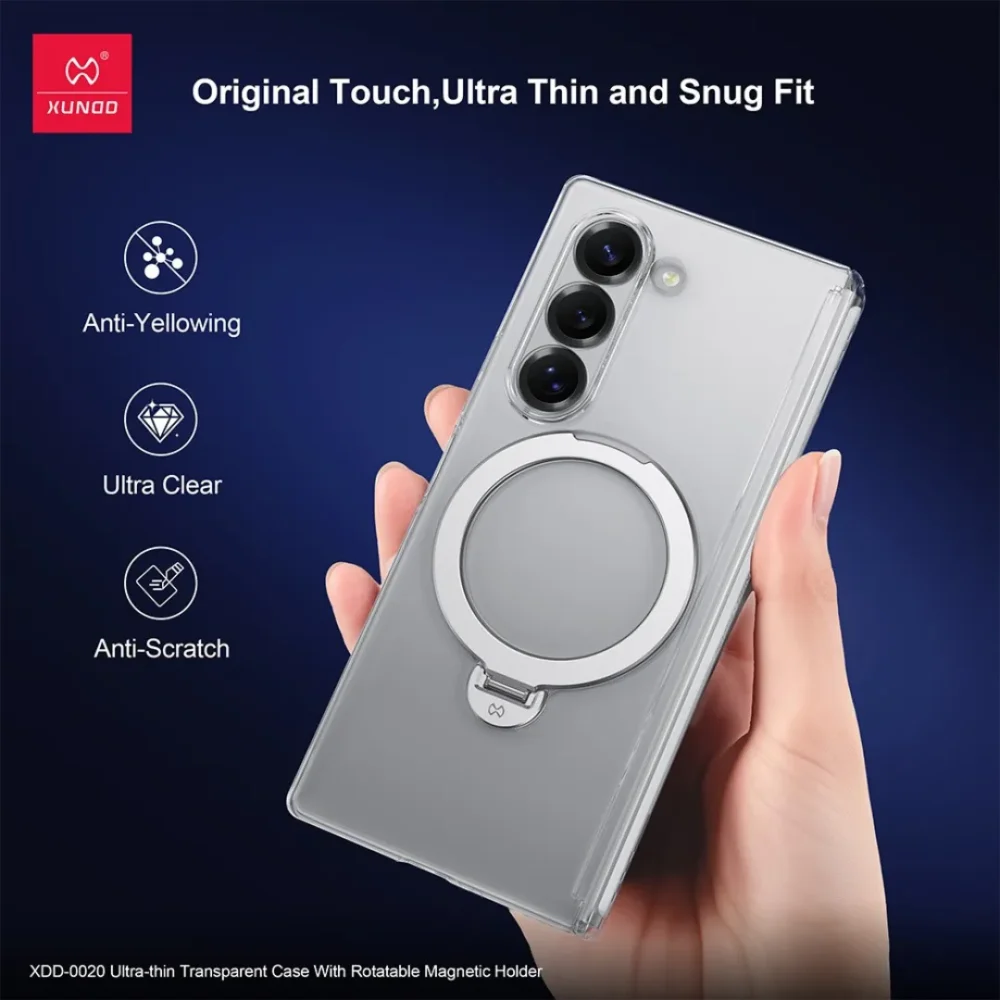 Samsung Galaxy Z Fold7 Ultra Thin Transparent Case with Magnetic Holder | Rotatable Ring Stand Shockproof Clear Cover | Xundd