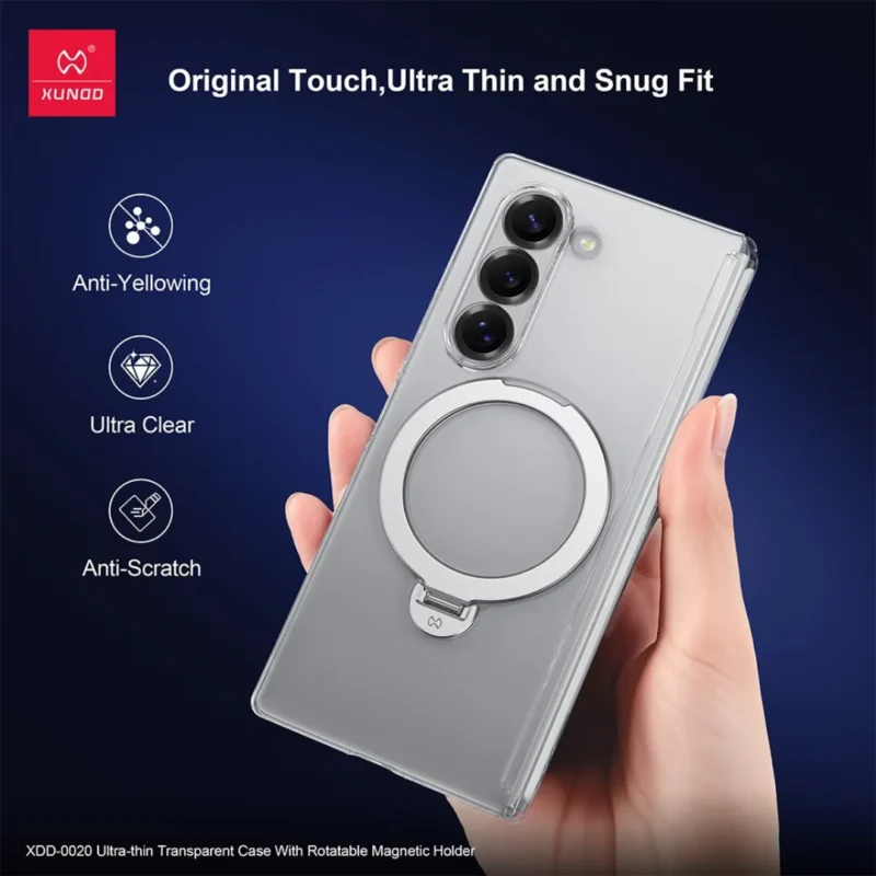 Samsung Galaxy Z Fold7 Ultra Thin Transparent Case with Magnetic Holder | Rotatable Ring Stand Shockproof Clear Cover | Xundd
