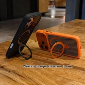 iPhone 17 Pro Carbon Fiber Texture Magsafe Case with Metal Stand & Camera Protection
