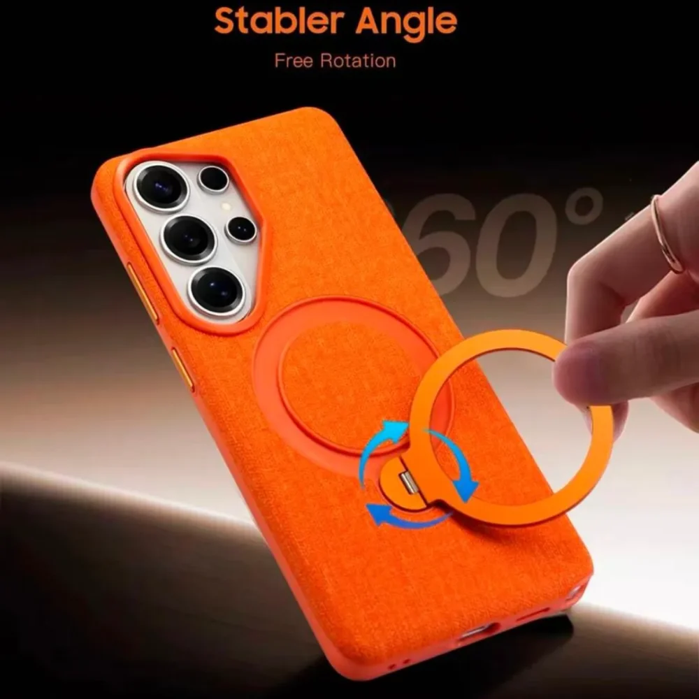 Samsung Galaxy S26 Ultra MagSafe Fabric Case Cover with 360° Rotating Ring Kickstand | Slim Shockproof Protective Back Cover