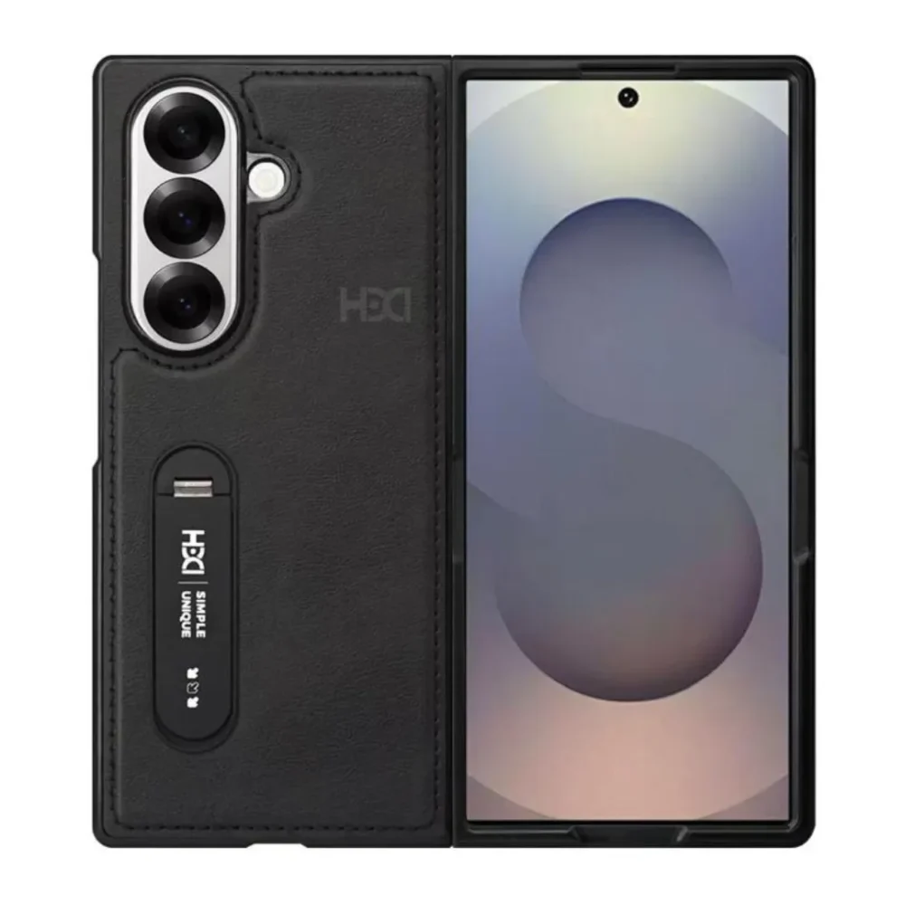 Samsung Galaxy Z Fold 7 Vegan Leather Case Cover with Rotating Metal Kickstand Premium Protective Back Cover