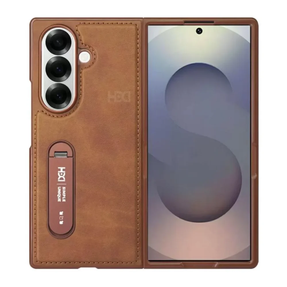 Samsung Galaxy Z Fold 7 Vegan Leather Case Cover with Rotating Metal Kickstand Premium Protective Back Cover