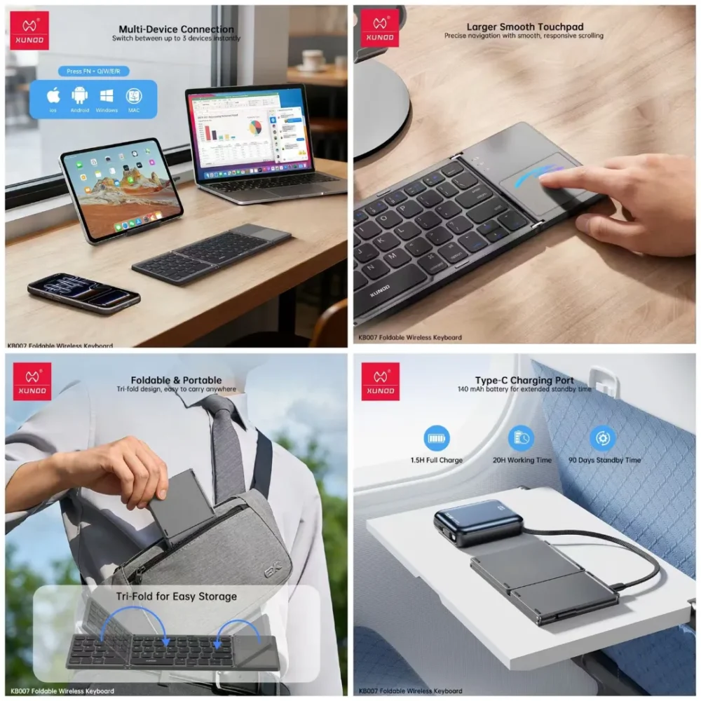 XUNDD Foldable Wireless Bluetooth Keyboard with Touchpad | Multiple Device Connection