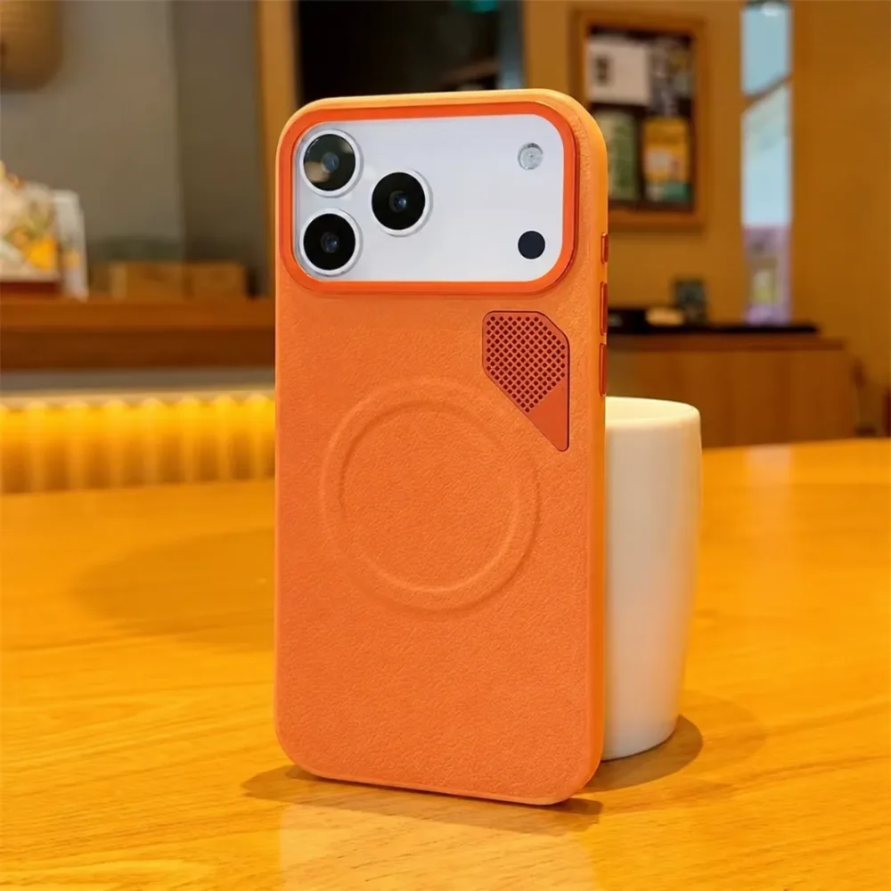 iPhone 17 Series Heat Dissipation PU Leather Magnetic Case, MagSafe Compatible Protective Cover with Cooling Vent Design