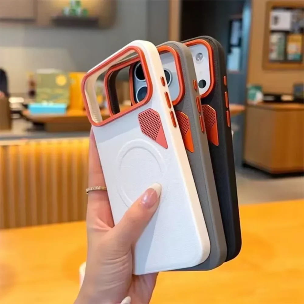 iPhone 17 Series Heat Dissipation PU Leather Magnetic Case, MagSafe Compatible Protective Cover with Cooling Vent Design