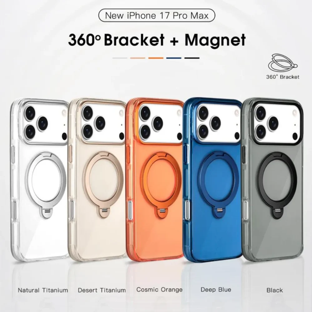 iPhone 17 Pro Max MagSafe Case Cover with 360° Rotating Ring Kickstand | Transparent Shockproof Protective Back Cover