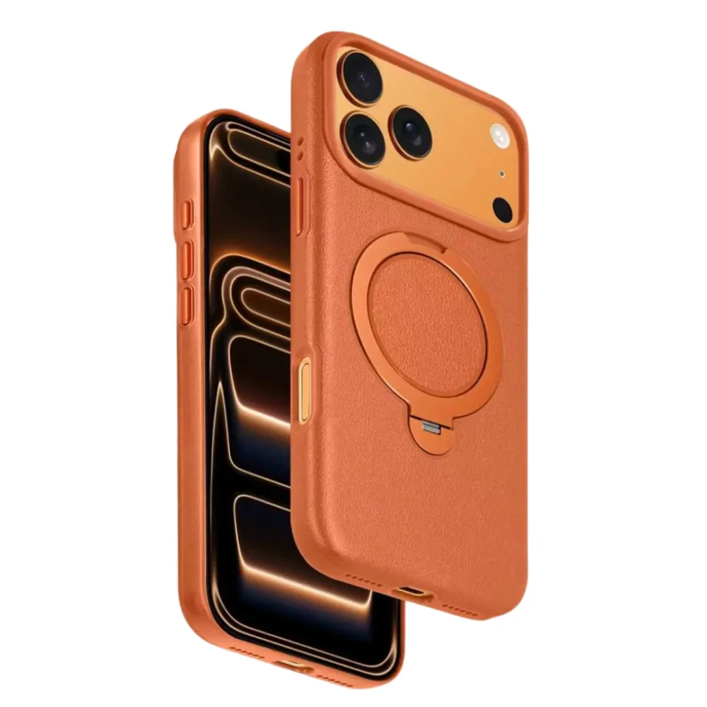 iPhone 17 Pro Max MagSafe Vegan Leather Case Cover with Rotating Ring Stand | Premium Shockproof Protective Back Cover