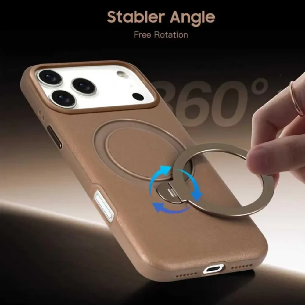 iPhone 17 Pro Max MagSafe Vegan Leather Case Cover with Rotating Ring Stand | Premium Shockproof Protective Back Cover