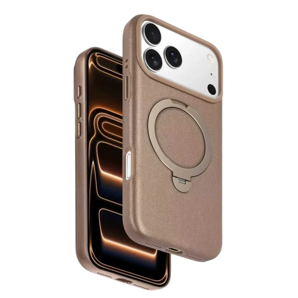 iPhone 17 Pro Max MagSafe Vegan Leather Case Cover with Rotating Ring Stand | Premium Shockproof Protective Back Cover