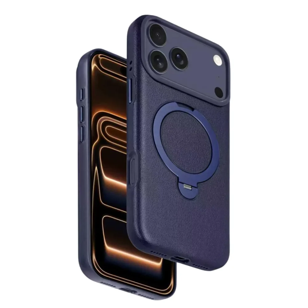 iPhone 17 Pro Max MagSafe Vegan Leather Case Cover with Rotating Ring Stand | Premium Shockproof Protective Back Cover